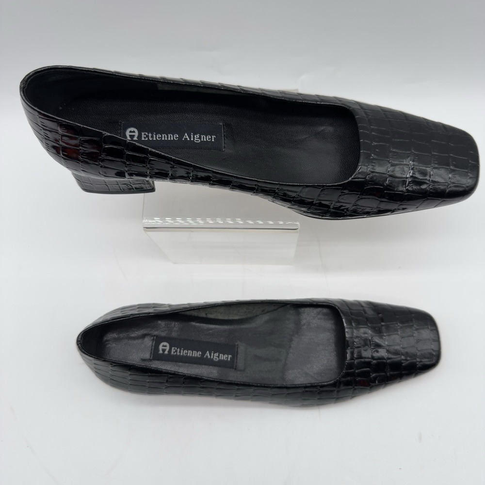 Etienne Aigner Vintage Twiggy I Black Patent Croc. Leather Block Heel Size 6.5M - Picture 2 of 13